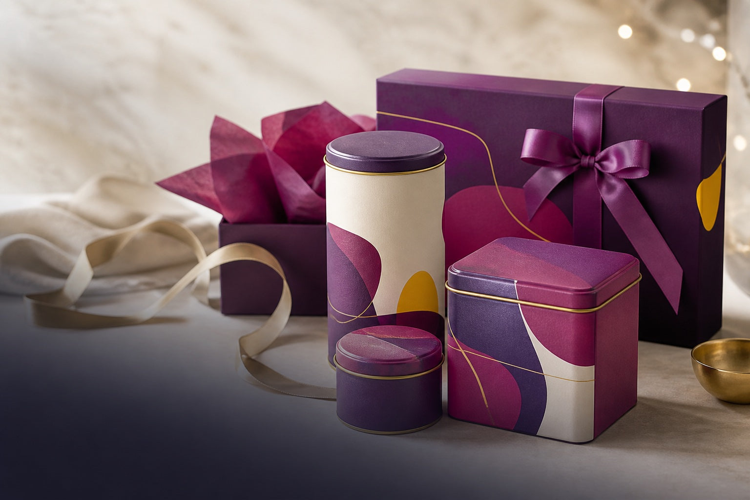 Illustrative scene showing coordinated boxes, paper canisters and metal tins arranged as a gift packaging range.