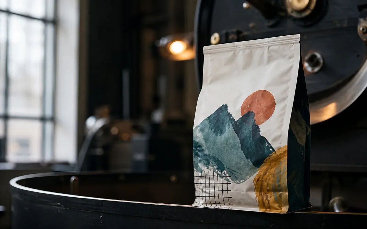 Illustrated coffee bag on a coffee roaster with teal mountains and a rust-colored sun