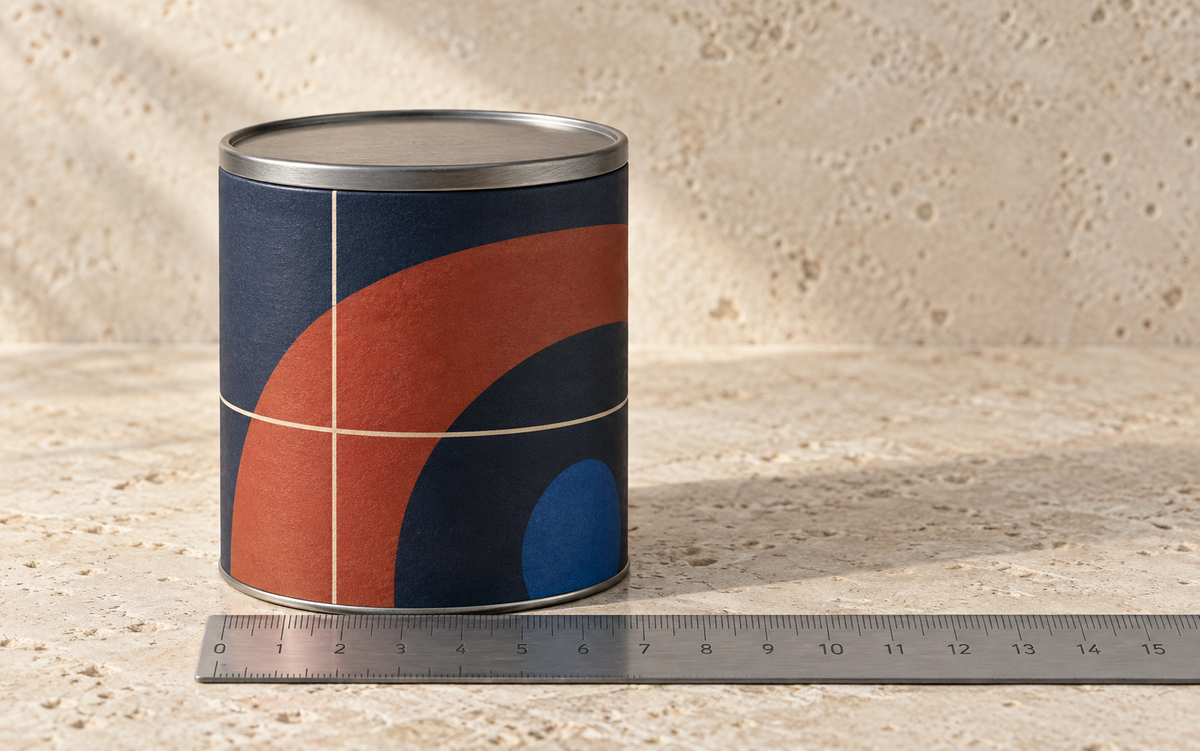 A designed paper canister being measured on a clean stone worktop