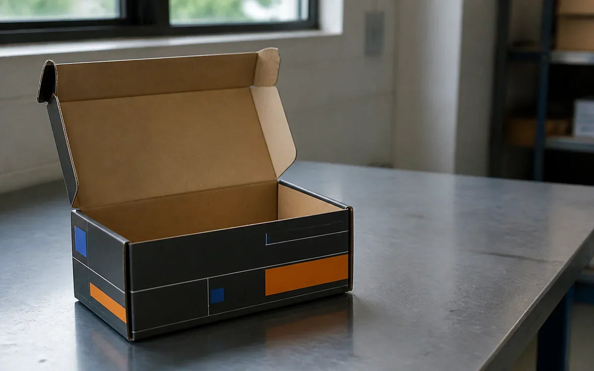 Open black corrugated mailer with orange indexing graphics on a metal inspection bench