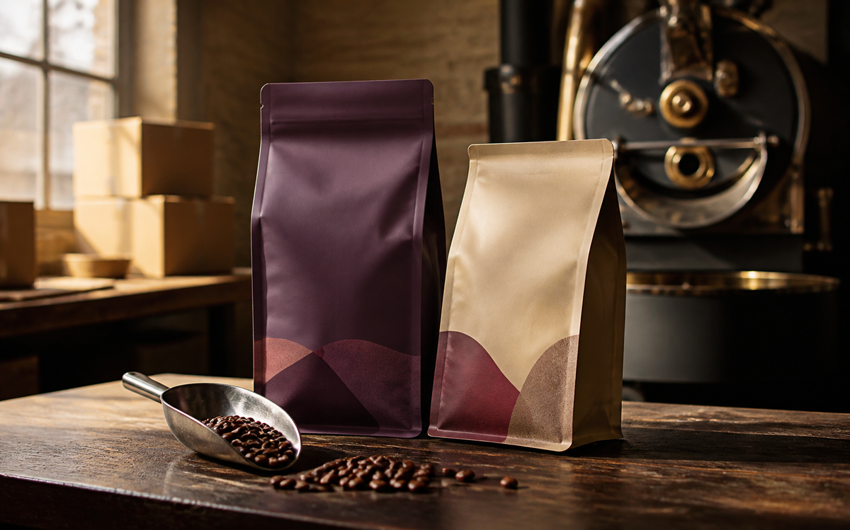 Illustrative coffee roastery scene with two unbranded coffee bags on a packing bench.