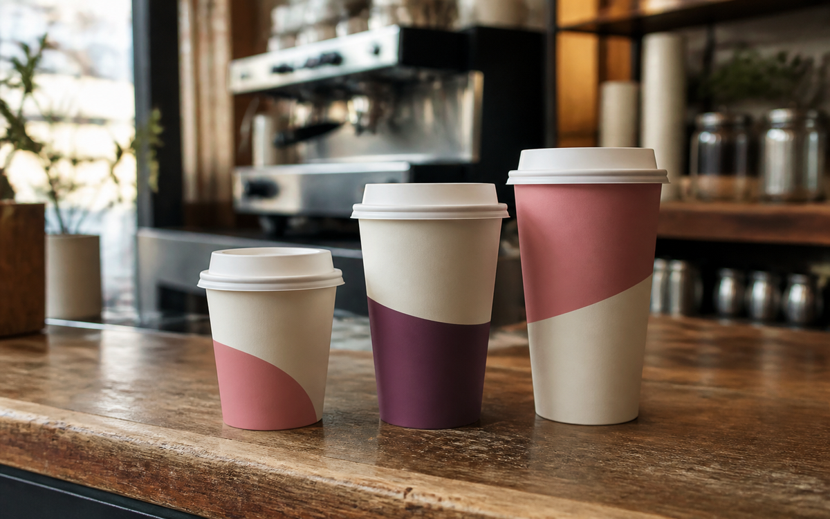 Illustrative café counter scene with three unbranded paper coffee cups in different sizes.