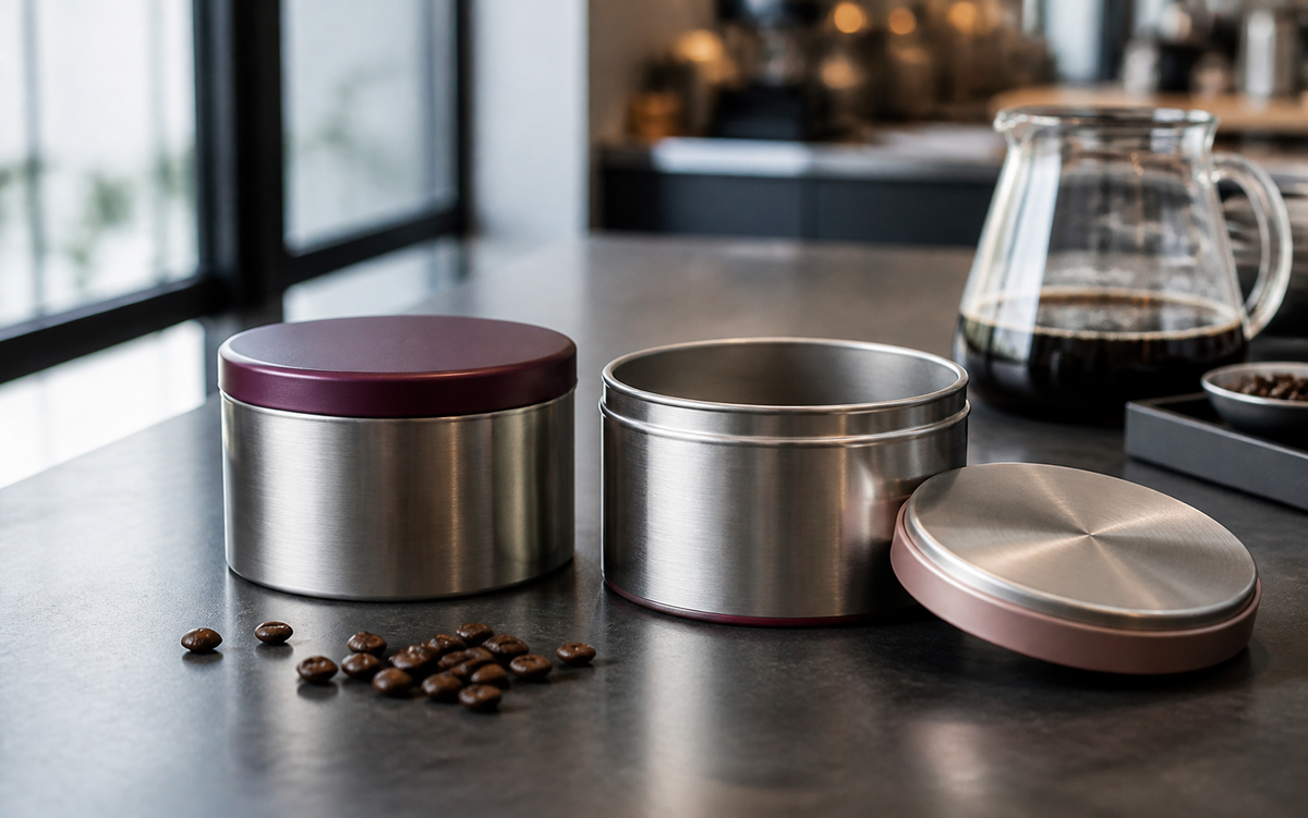 Illustrative specialty coffee tasting scene with two unbranded round metal tins.