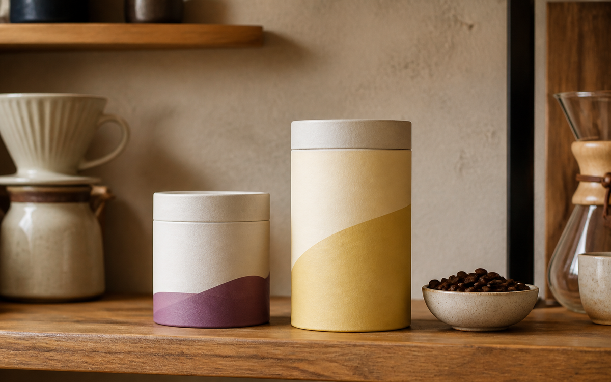 Illustrative coffee retail shelf scene with two unbranded rigid paper canisters.
