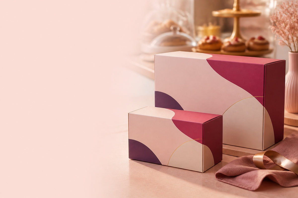Illustrative bakery gifting scene with two unbranded bakery packaging boxes