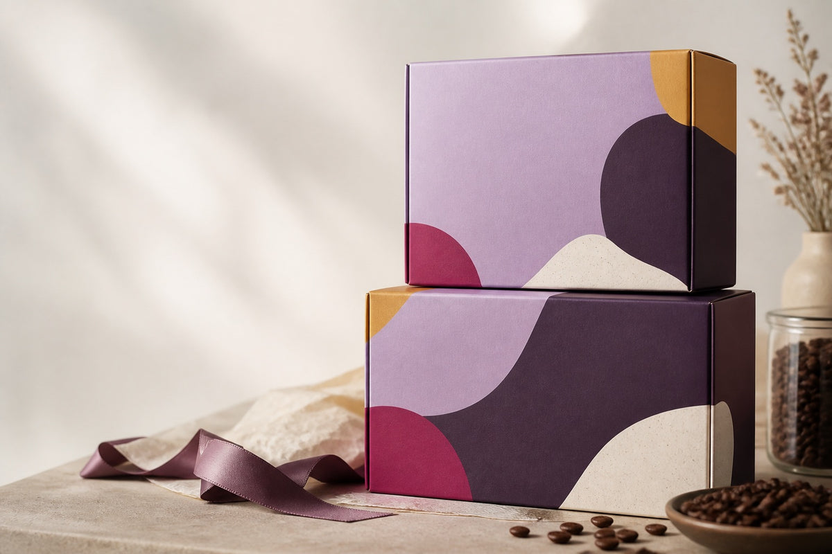 Illustrative specialty-coffee gifting scene with two unbranded coffee packaging boxes