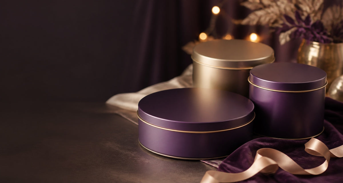Illustrative seasonal gift-display scene with three unbranded round metal tins