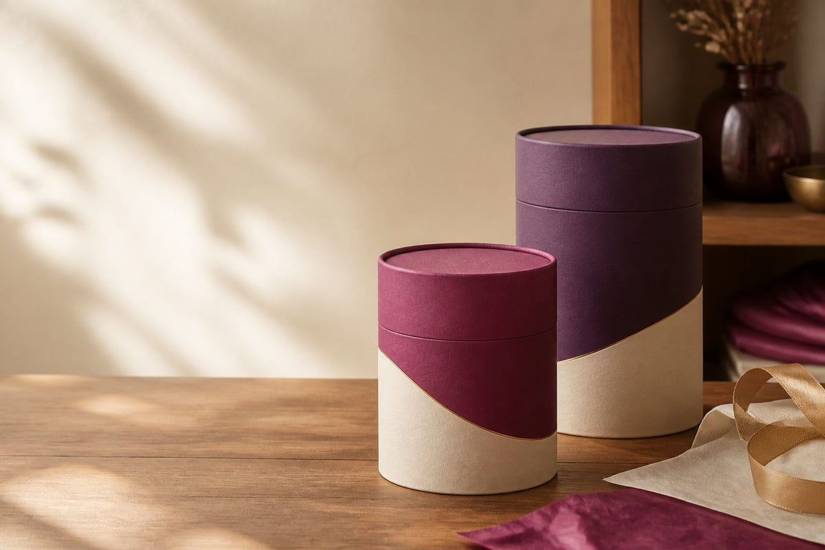 Illustrative seasonal gift-preparation scene with two unbranded rigid paper canisters
