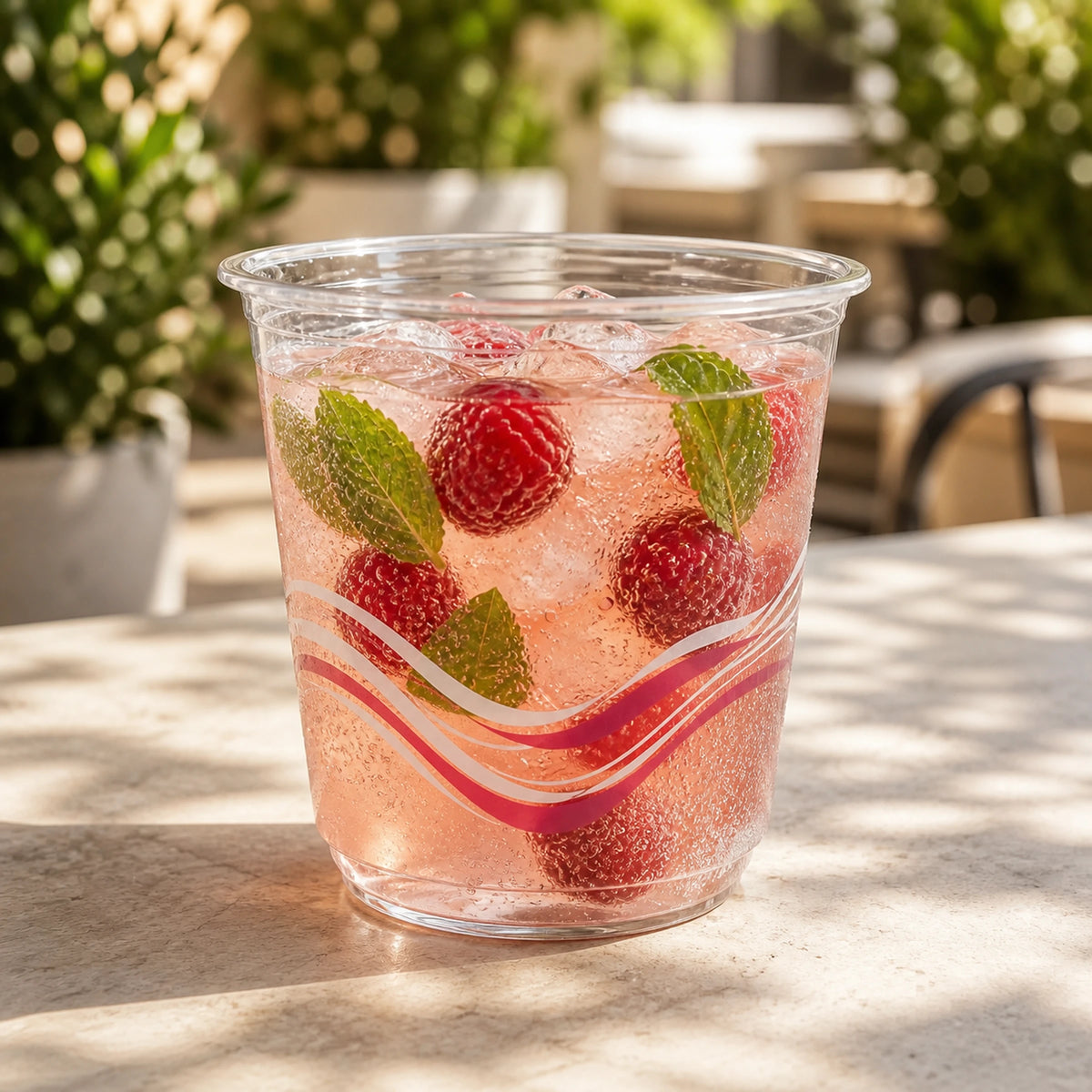 Clear PET U-shaped cold cup filled with berry lemonade on an outdoor table
