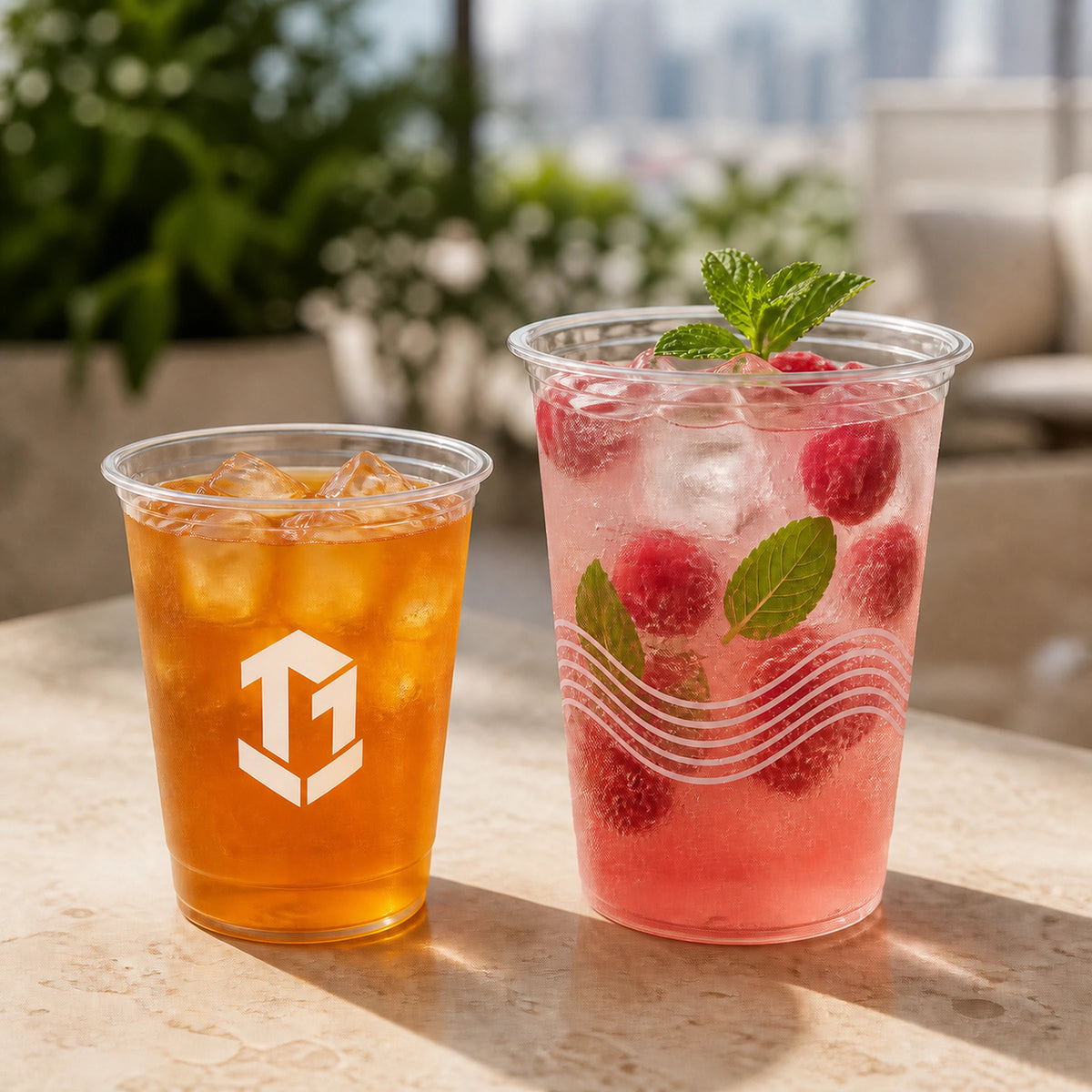 Two clear PET U-shaped cold cups with iced drinks on a terrace table