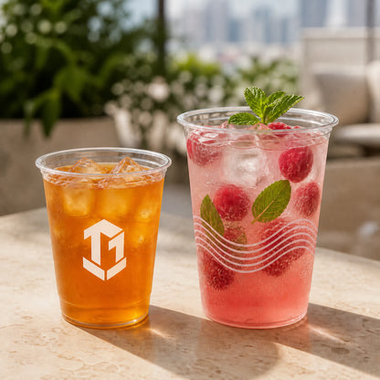 Two clear PET U-shaped cold cups with iced drinks on a terrace table