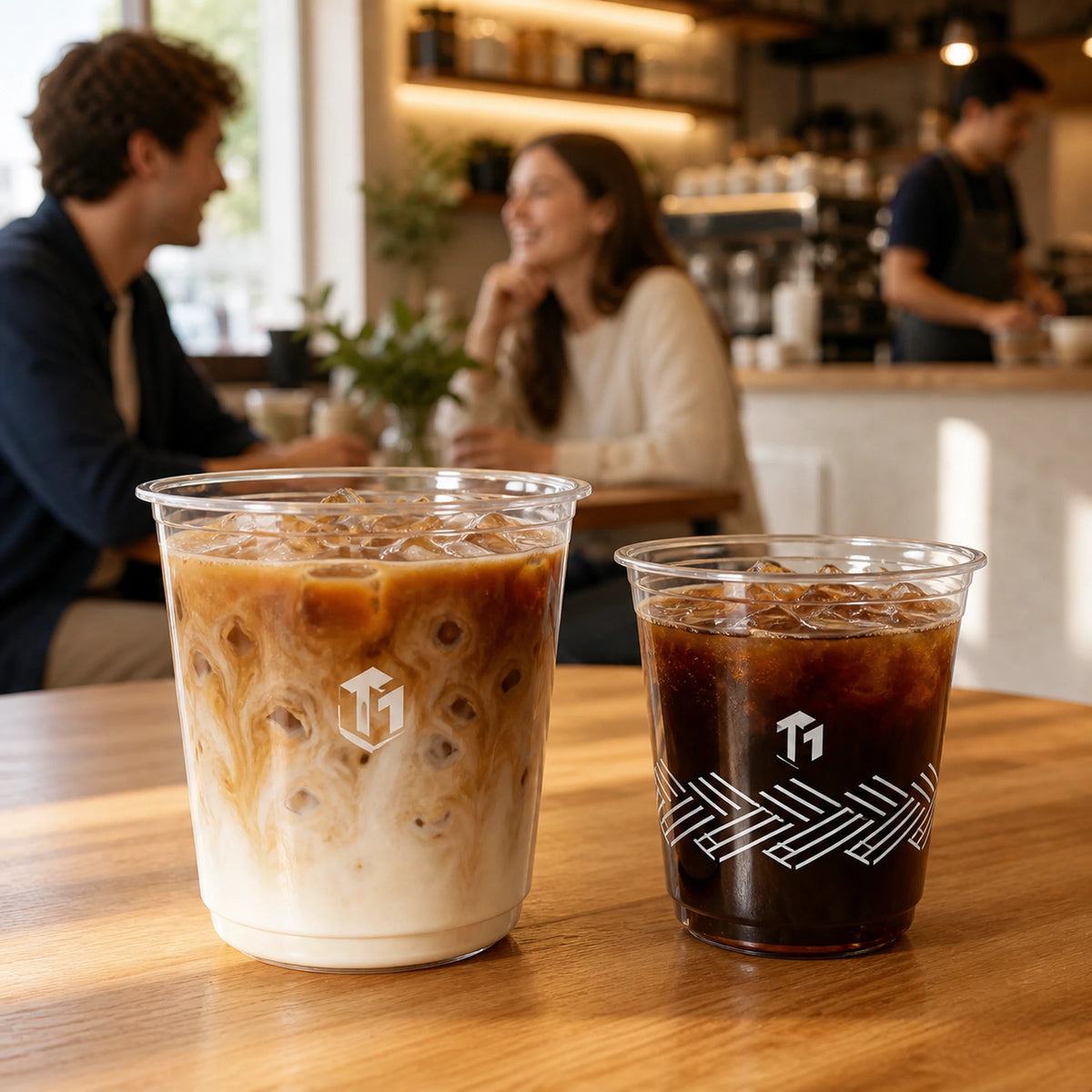 Clear printed PET U-shaped cold cup in a coffee shop setting