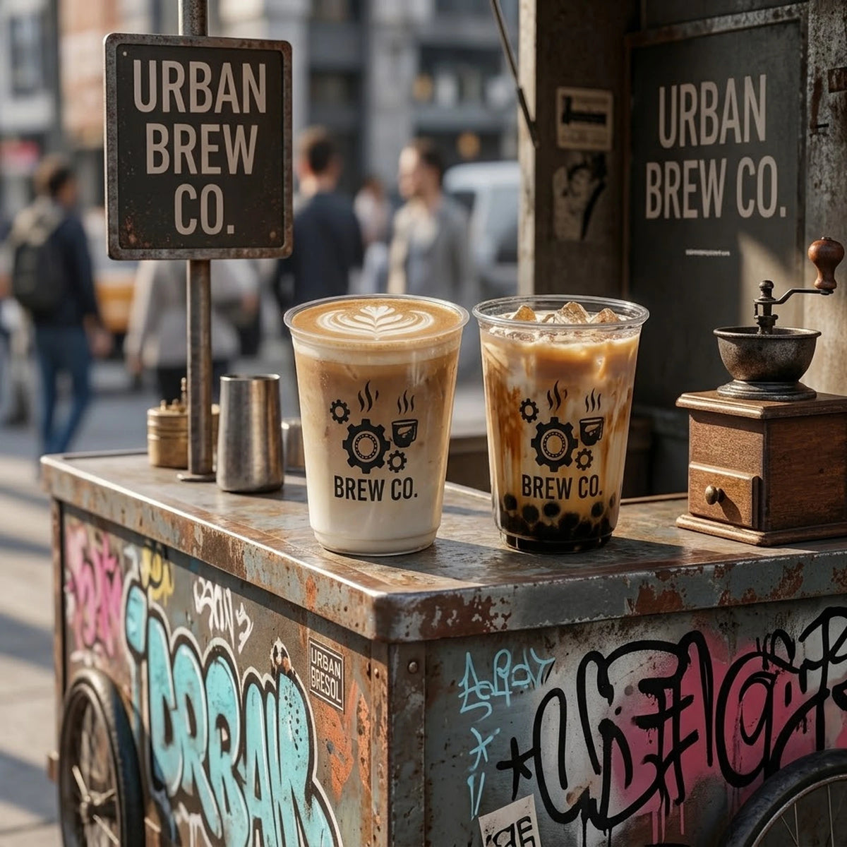 Two clear PET U-shaped cold cups at an urban coffee cart