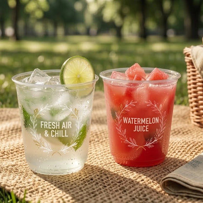 Two clear PET U-shaped cold cups with iced drinks at a park picnic