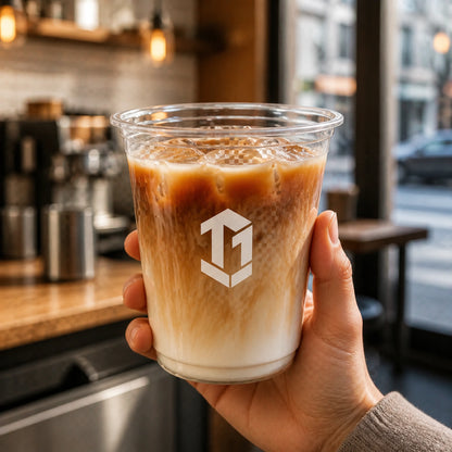 Hand holding a clear PET U-shaped cold cup with an iced latte