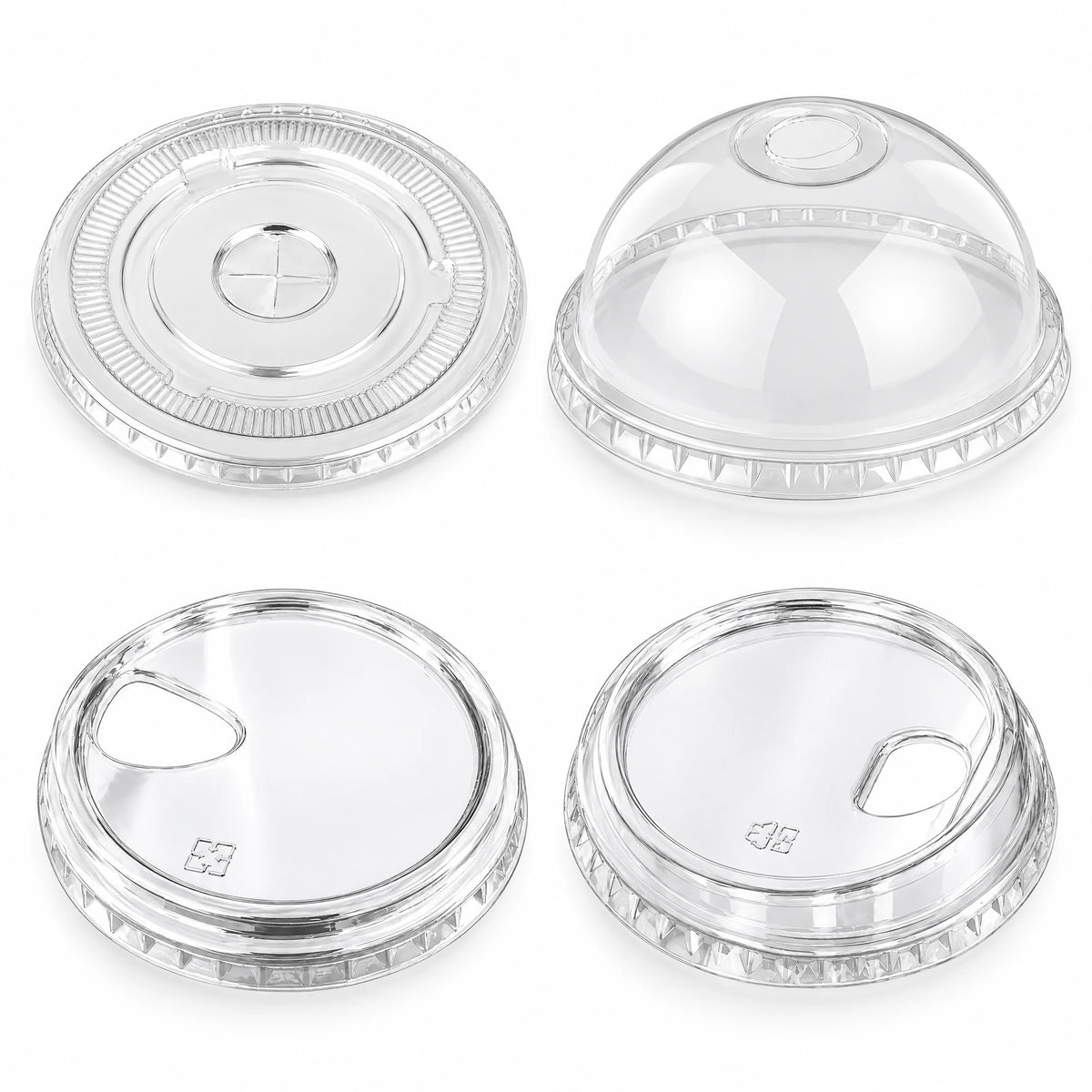 Four PET cold cup lid styles: flat, dome, wide-opening sip, and sip with stopper on a white background