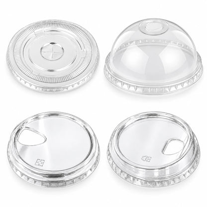 Four PET cold cup lid styles: flat, dome, wide-opening sip, and sip with stopper on a white background
