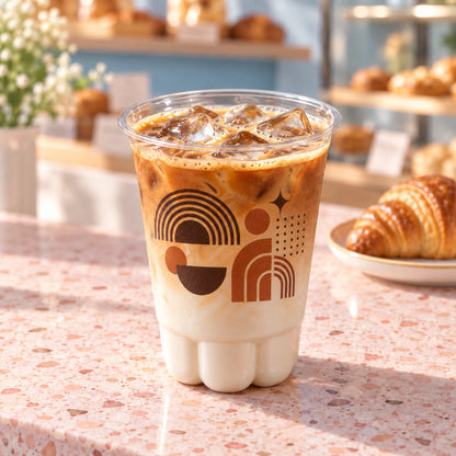 Custom cat paw plastic cup without lid in a bakery setting