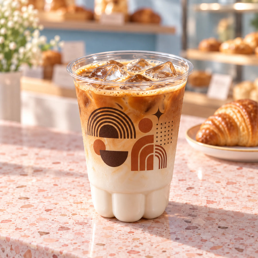 Custom cat paw plastic cup without lid in a bakery setting