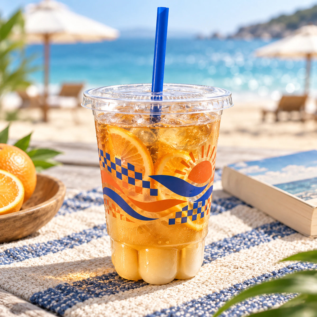 Custom cat paw plastic cup with flat lid and straw by the beach