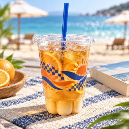 Custom cat paw plastic cup with flat lid and straw by the beach
