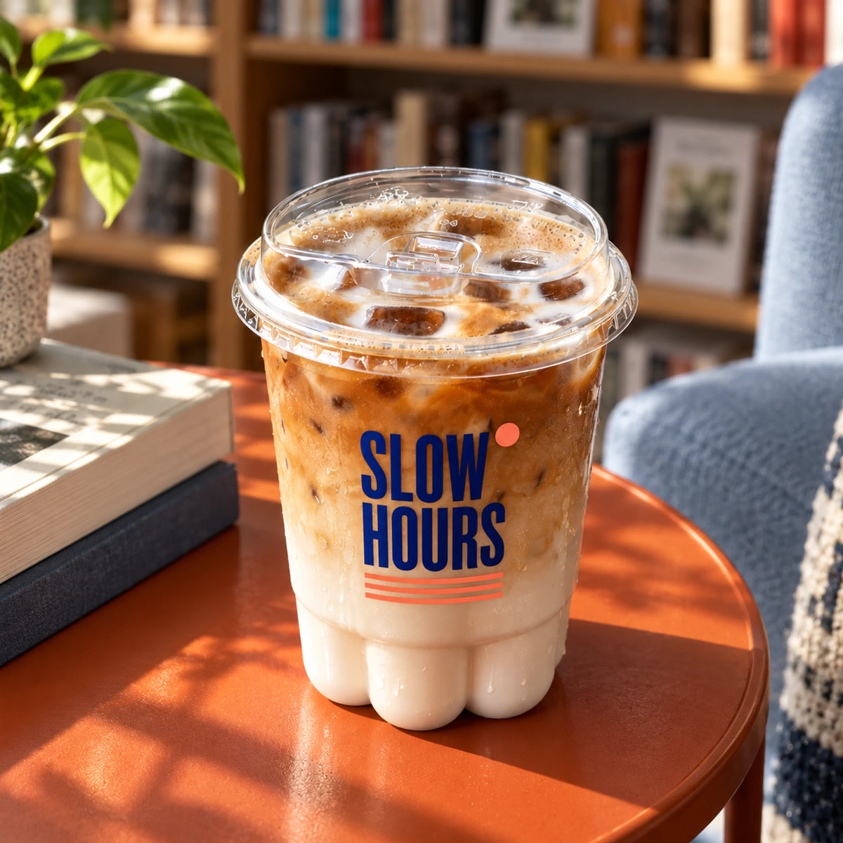 Custom cat paw plastic cup with sip lid in a bookshop setting