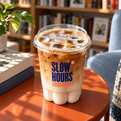 Custom cat paw plastic cup with sip lid in a bookshop setting