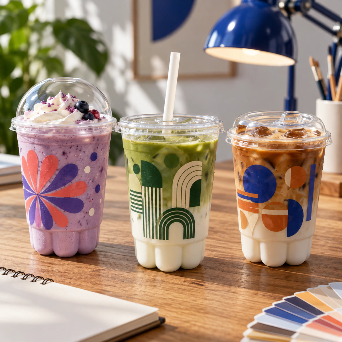 Three custom cat paw plastic cups with dome, flat and sip lids