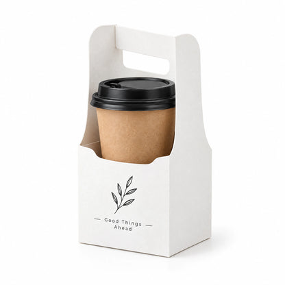 Rendering of a branded handled paperboard carrier holding a takeaway cup