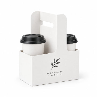 Rendering of a white paperboard two-cup carrier with a handle and two takeaway cups