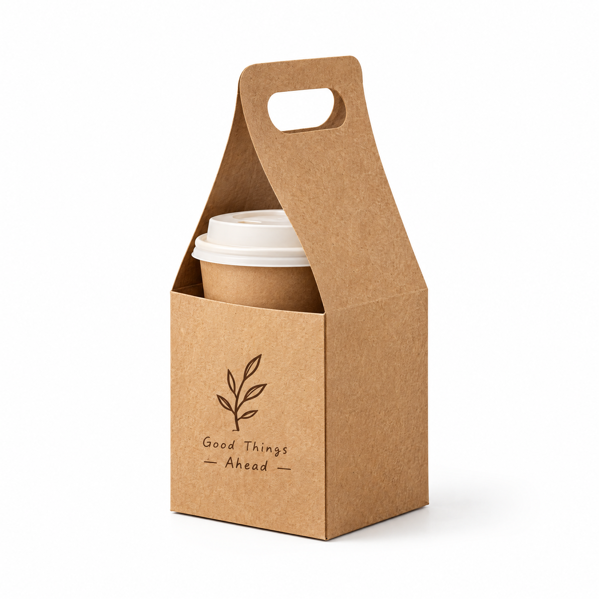 Kraft paper single cup carrier with handle, product rendering