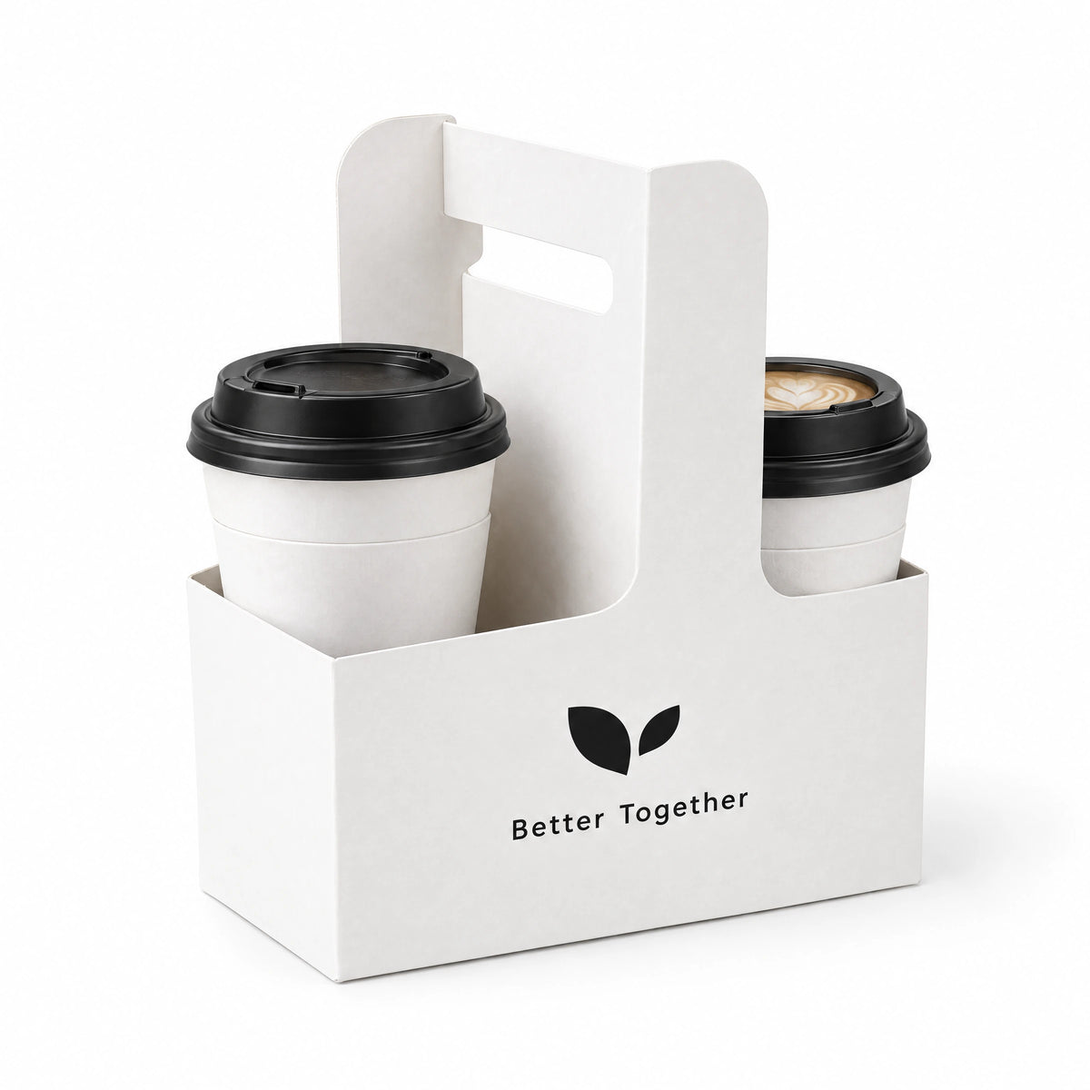 Rendering of a branded one-piece two-cup carrier holding two takeaway coffee cups