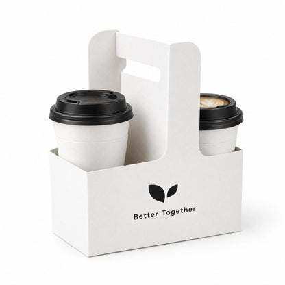 Rendering of a branded one-piece two-cup carrier holding two takeaway coffee cups