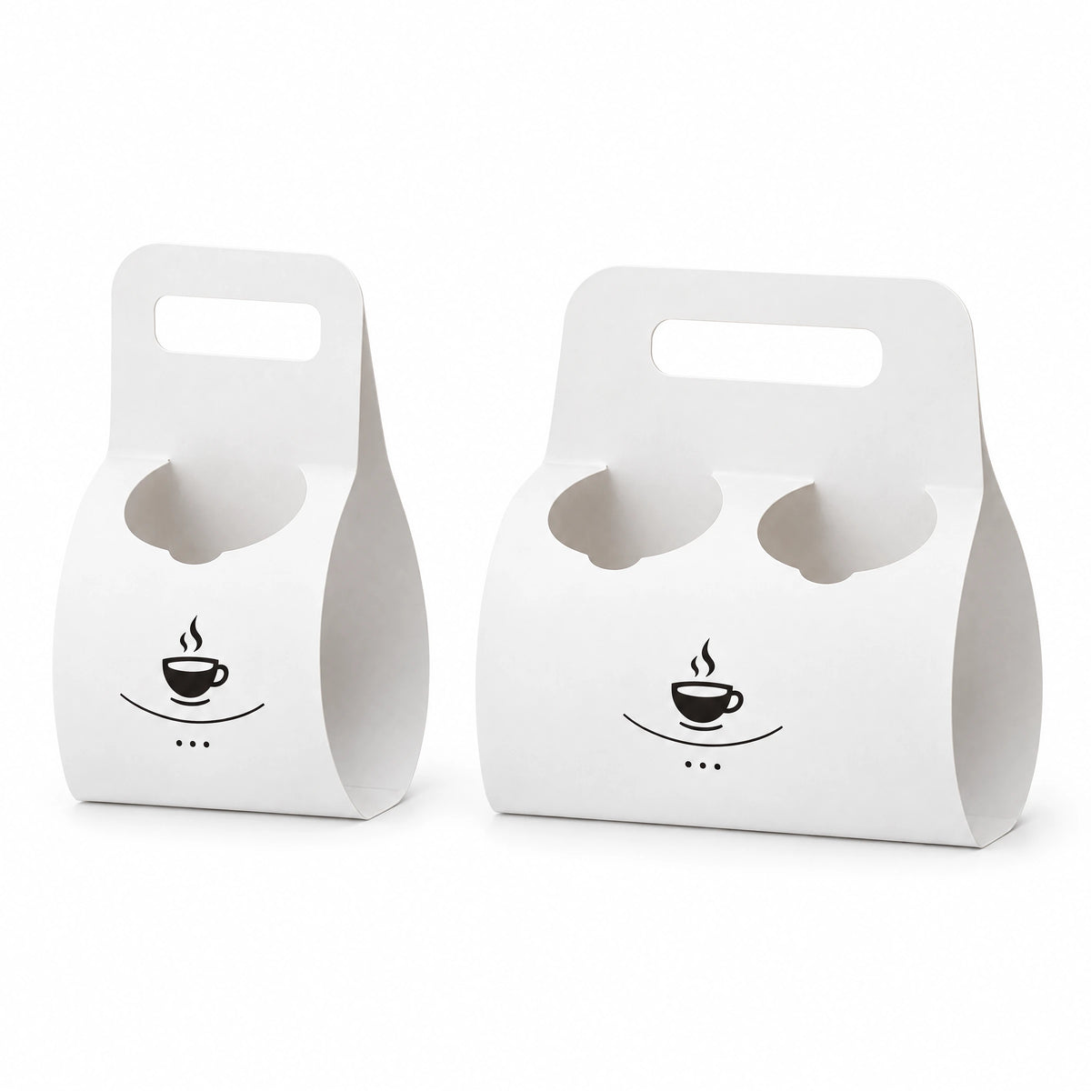 Rendering comparing one-cup and two-cup white paperboard carriers with handles