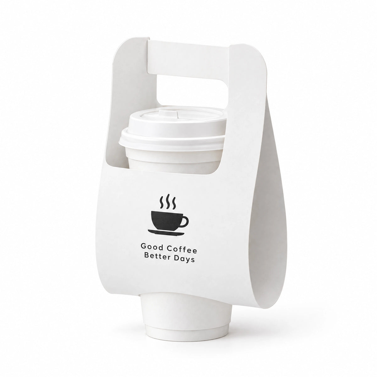 Rendering of a one-cup paperboard carrier with a handle and takeaway cup