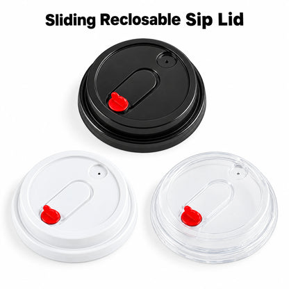 Black, white and clear Sliding Reclosable Sip Lids for nominal 90 mm cup rims