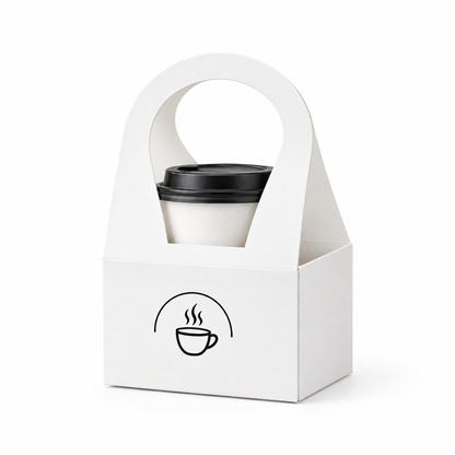 White paperboard single cup carrier with handle, product rendering