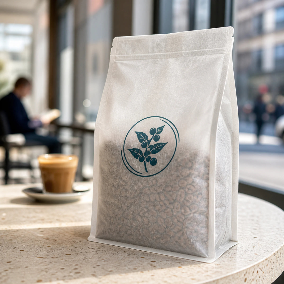 AI-generated concept of a custom tissue paper coffee bag on a café table.