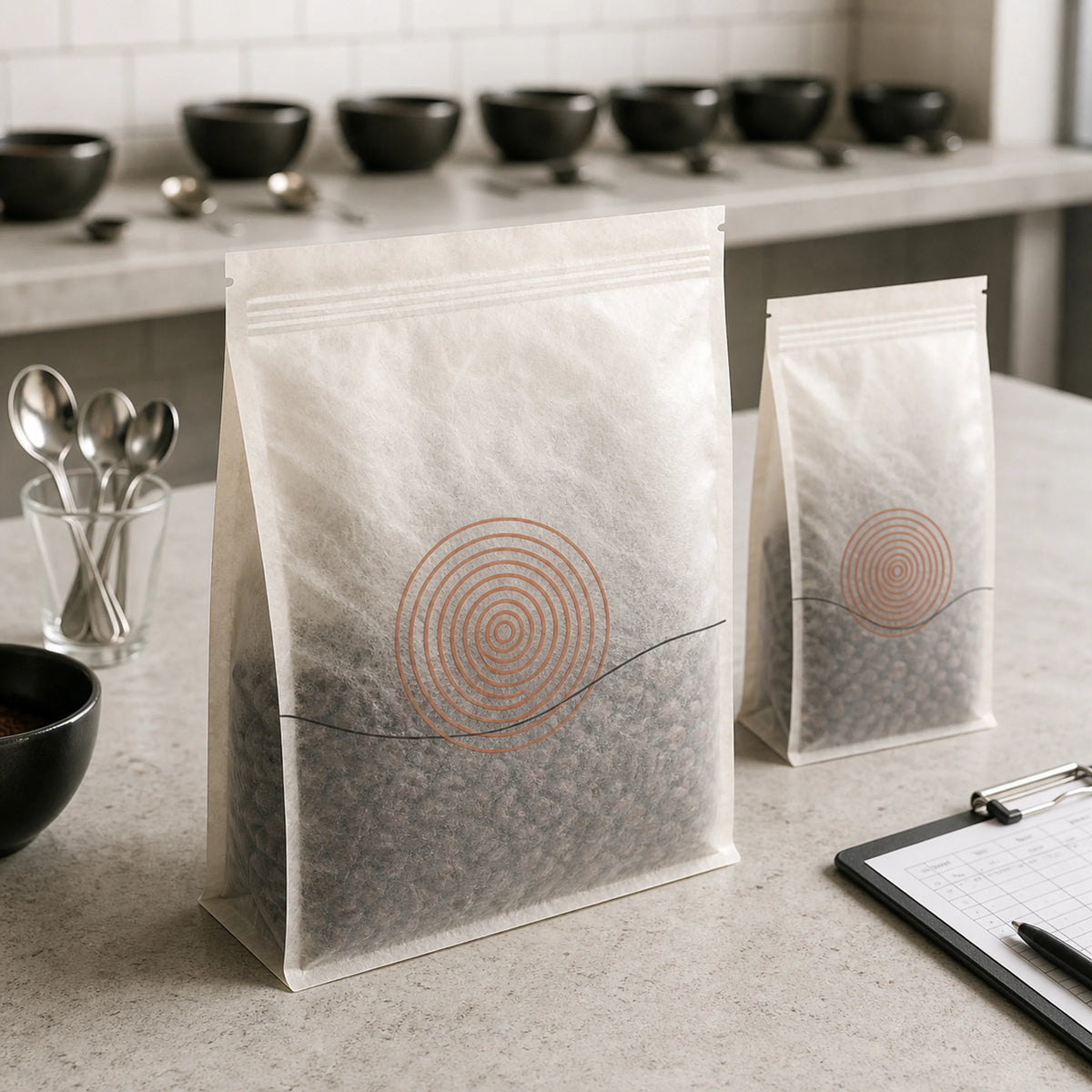 AI-generated concept of custom tissue paper coffee bags in a coffee cupping lab.
