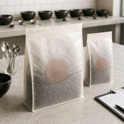 AI-generated concept of custom tissue paper coffee bags in a coffee cupping lab.