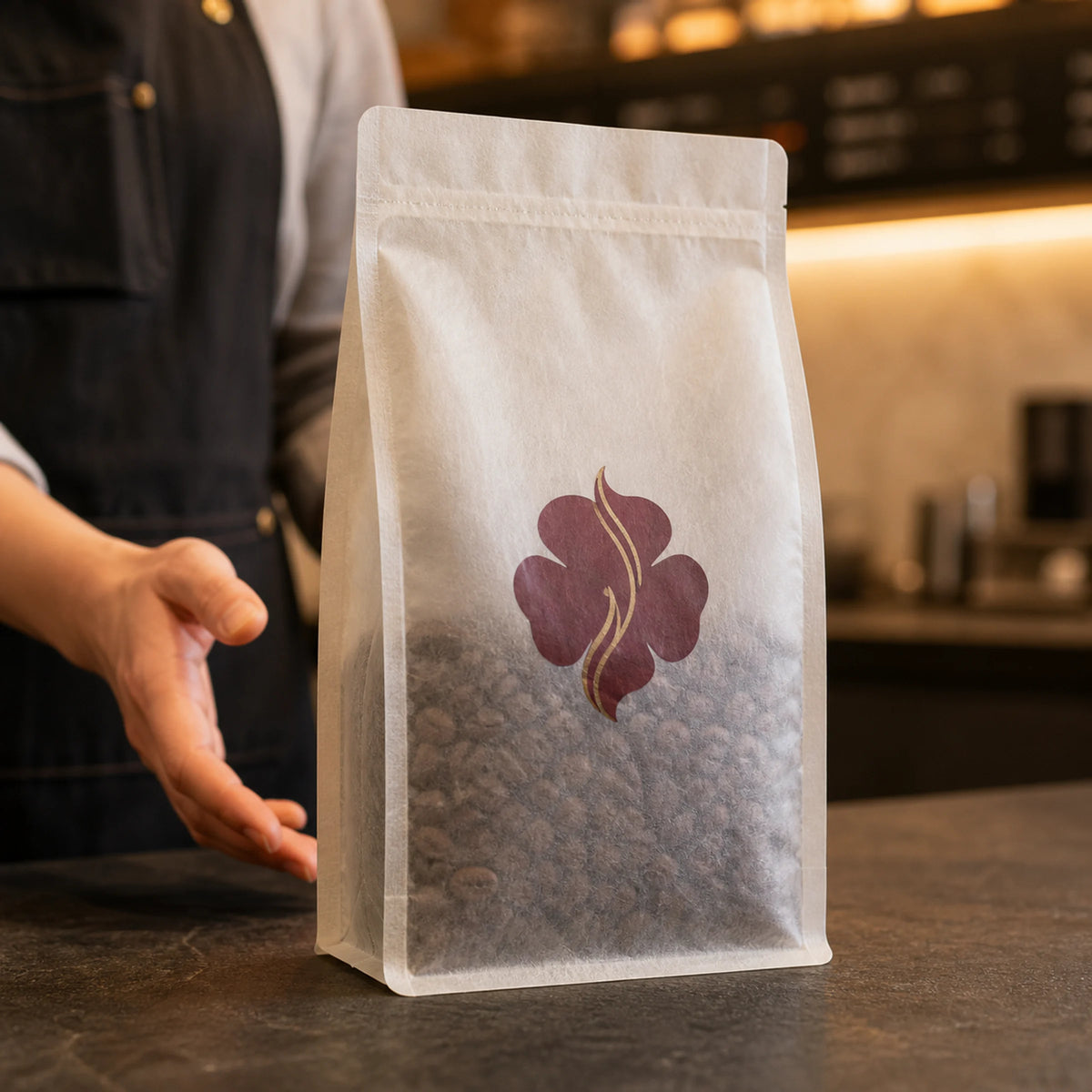 AI-generated concept of a custom tissue paper coffee bag at a café pickup counter.