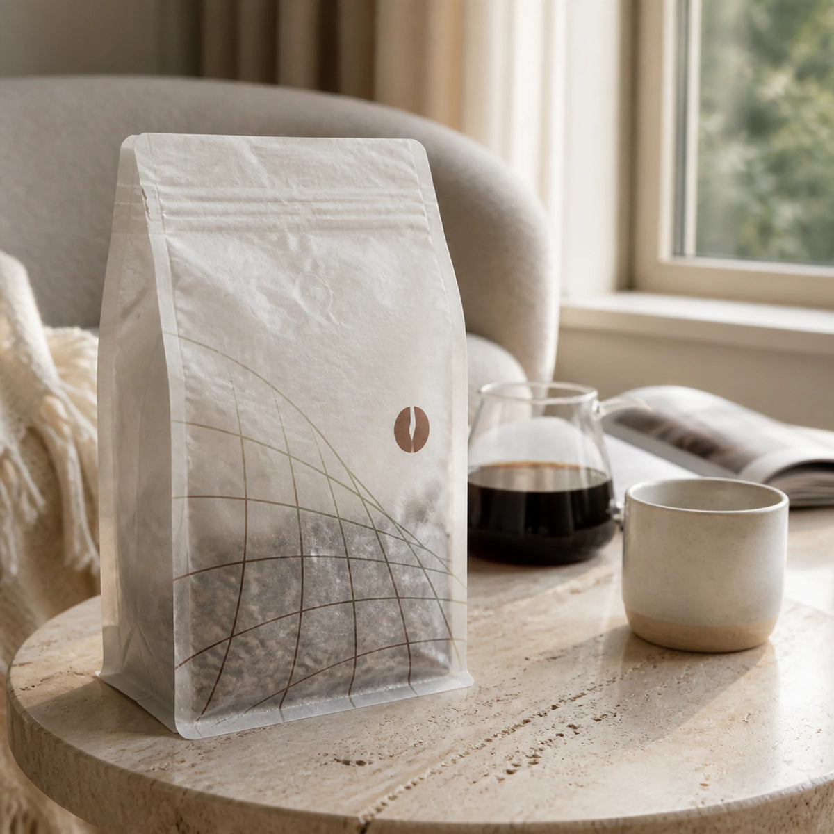 AI-generated concept of a custom tissue paper coffee bag beside coffee in a home reading corner.