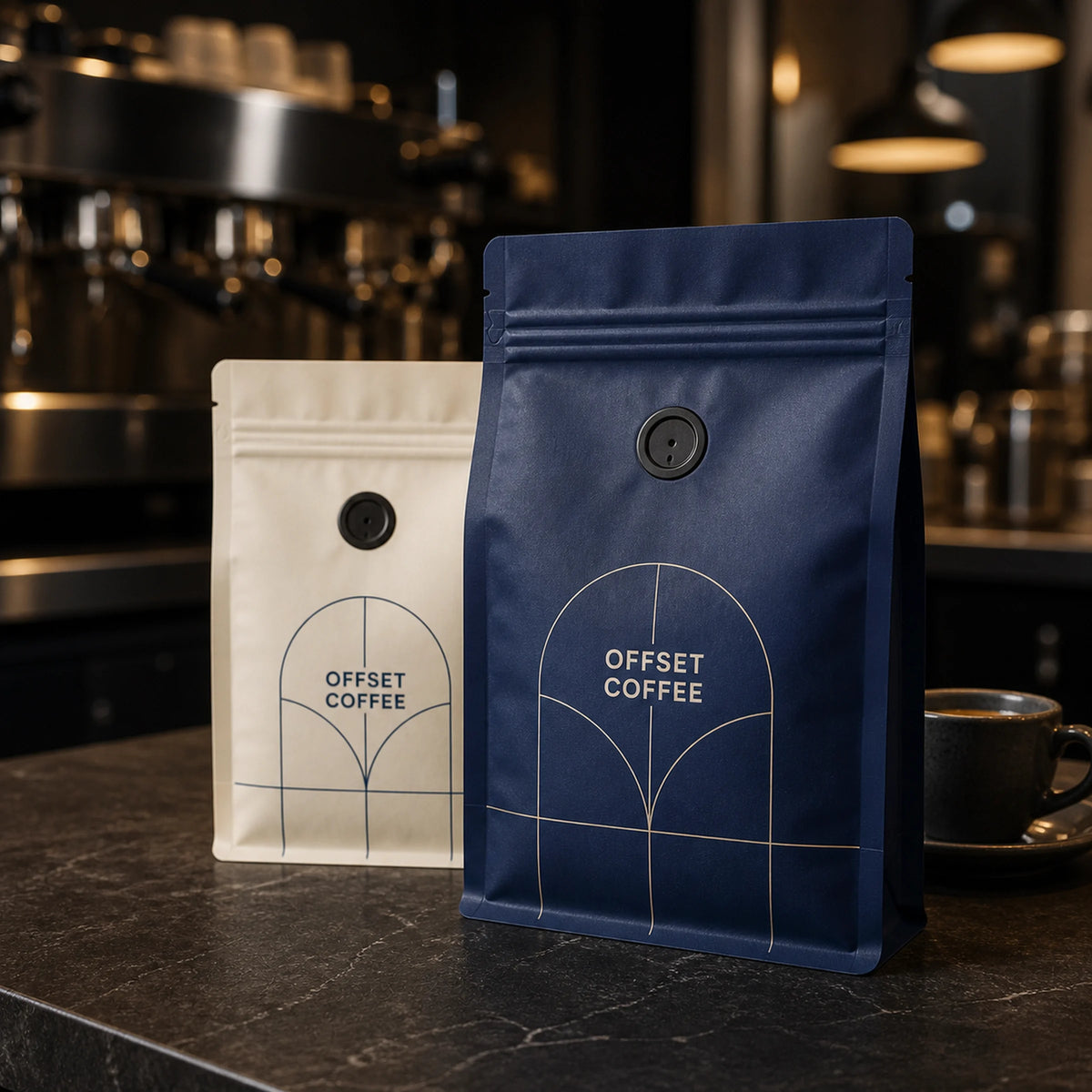 AI-generated visualization of navy and white custom matte coffee bags with valves at an espresso bar