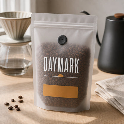 AI-generated visualization of a translucent custom coffee bag with valve filled with roasted coffee beans