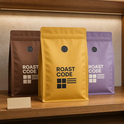 AI-generated visualization of three colored resealable matte coffee bags with valves on a retail shelf