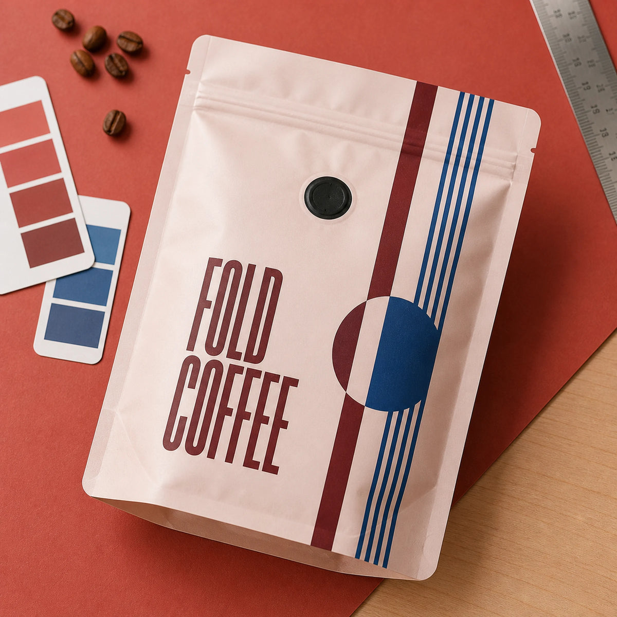 AI-generated visualization of custom matte coffee bag artwork with a valve on a packaging worktable
