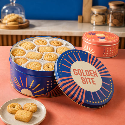 AI-generated concept image of custom round cookie tins with printed lids in a bakery setting