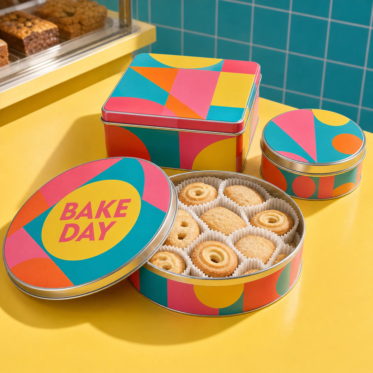 AI-generated concept image showing custom cookie tins in round and rectangular shapes