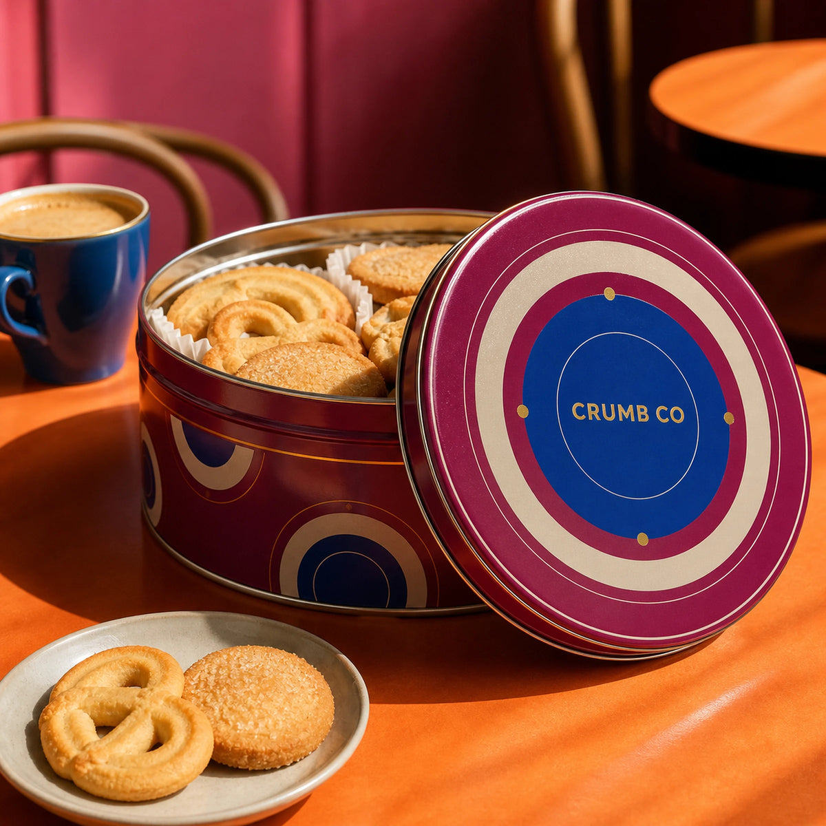 AI-generated concept image of a custom printed cookie tin in a cafe setting