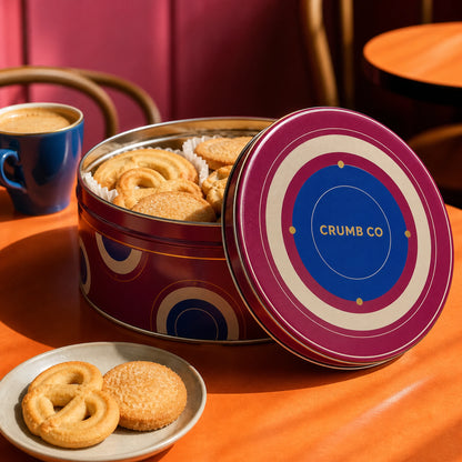 AI-generated concept image of a custom printed cookie tin in a cafe setting